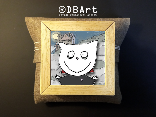 The Cat In Art #017 con cornice in legno fatta a mano e sacca in feltro realizzata a mano da Davide Boscarecci.